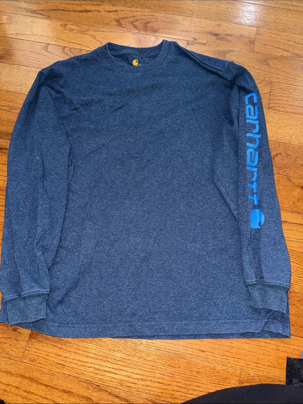 Carhartt Men's Long-Sleeve Crewneck Tee in Navy Heather with Blue Sleeve Logo